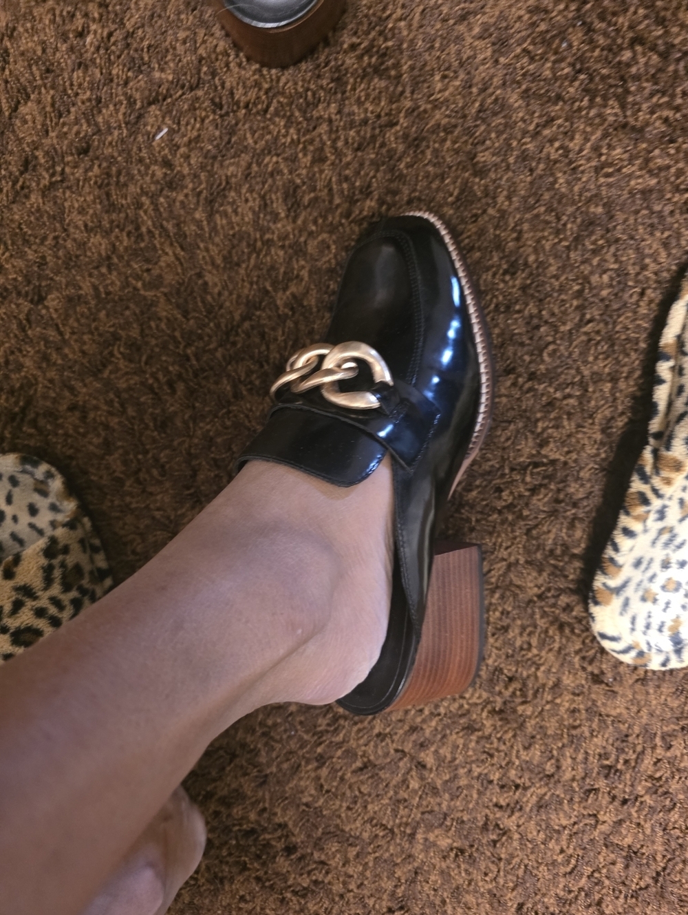 Black Patent Chain-Trim Block Heel Loafers